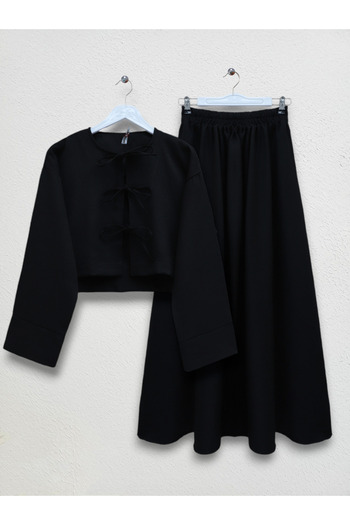 Modamorfo Front Double Tie Jacket Skirt Suit - Black