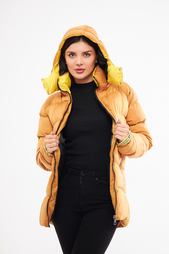 ESPİNA Women's Sleeve Adjustable Inner Pocket Hooded Puffer Jacket with Zipper