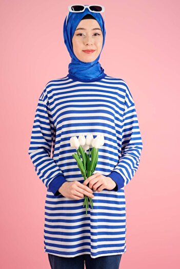 03KIZKULESITEKS Kadın Yazlık Çizgili Penye Tesettür Tunik İnce Çizgi - Mavi