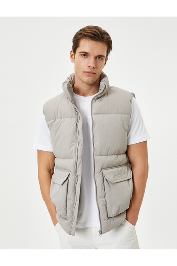 Koton Stand Collar and Zippered Puffer Vest - Covered Pocket Detail