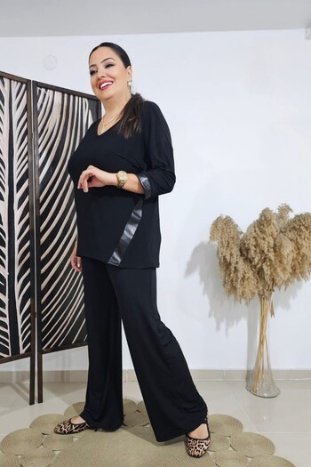 sinemisxxl Sandy Fabric Wide Leg Leather Detailed Plus Size Set