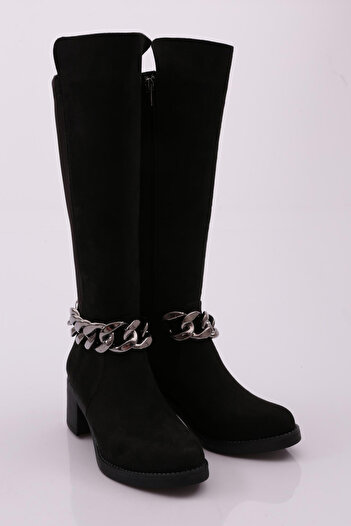 DGN Women's Black Suede Boots - Chain Detail, Stretch Back, Heels 8172668