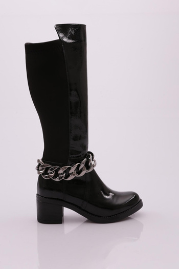 DGN Black Patent Leather Boots - Ankle Chain Detail, Back Stretch Heels 8172668