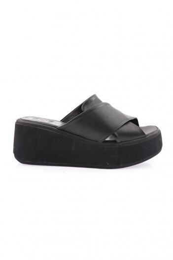 DGN Women's Cross Strap Thick Sole Slippers Black Genuine Leather 69133335