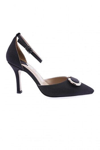 DGN Women's Black Scuba Heeled Shoes Crystal Buckle Ankle Strap Thin