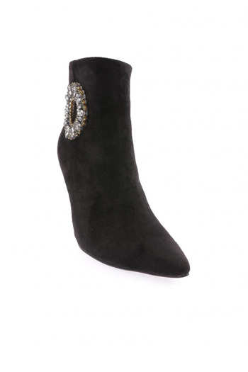 DGN 5738-424 Black Suede - Colorful Beaded Ring Buckle Women's Heeled Boots