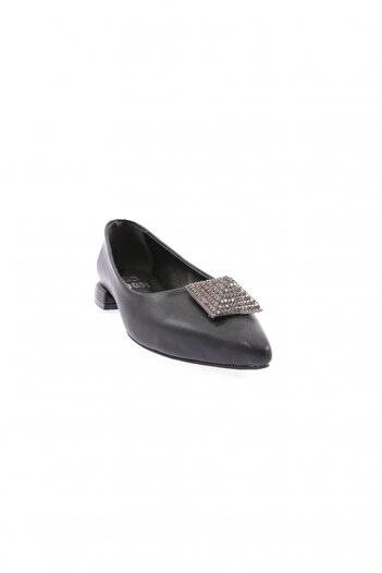 DGN Women's Pointed Toe Crystal Stone Buckle Galvanized Heeled Ballerinas Black 39182534