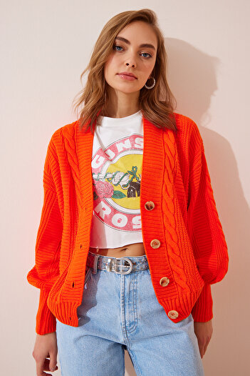 Lovelyİstanbul Balloon Sleeve Knitted Knitwear Cardigan - Loose, Oranj Lza0011