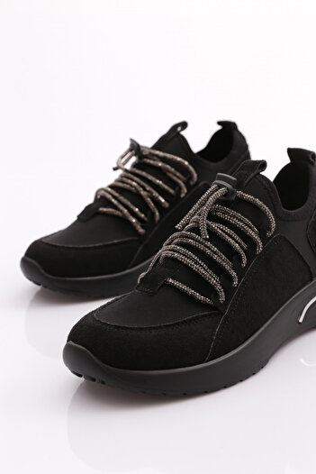 DGN Kadın Taş Bağcıklı Sneaker Ayakkabı Siyah Süet Siyah 33235105