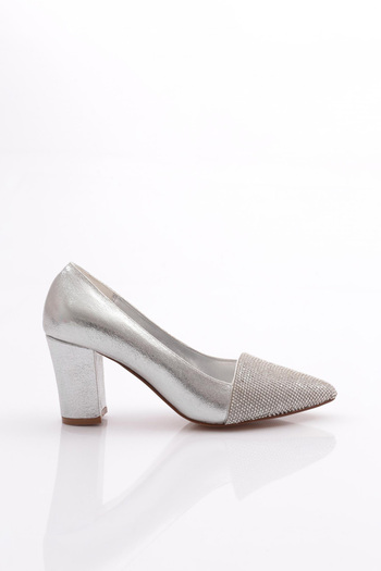 DGN Silver Women's Heeled Shoes with Stones on the Front - Plastered 216712621