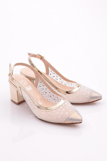 DGN Women's Pointed Toe Transparent Back Belt Blunt Heeled Shoes Gold Patent Leather 212562621