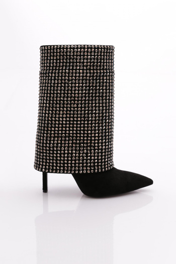 DGN 1127 Cizme cu toc brodate cu piatră pentru femei BLACK SUEDE NICKEL STONE