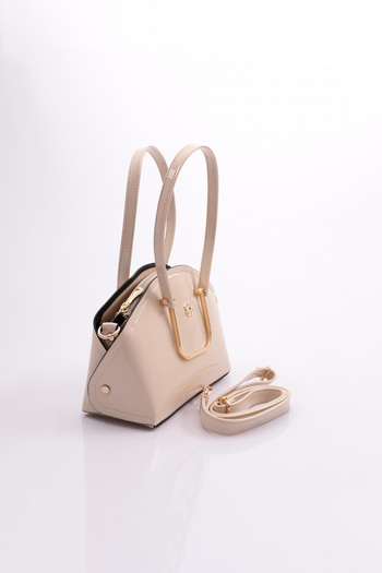 DGN Beige Patent Leather Women's Bag - Oval with Metal Accessories 11282361135102