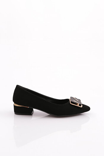 DGN Women's Square Buckle Heeled Shoes Black Velvet 79572534