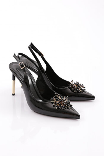 DGN Women's Open Back Metal Brooch Heeled Shoes Black Patent Leather 101233557