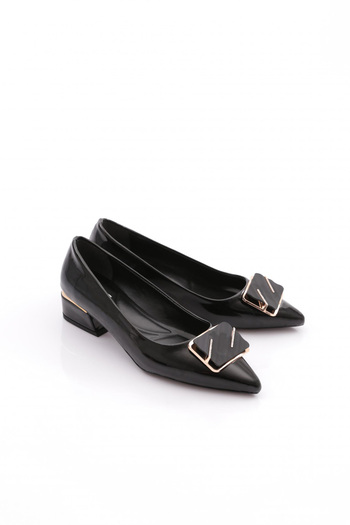 DGN Women's Square Buckle Heeled Shoes Black Patent Leather 79572534