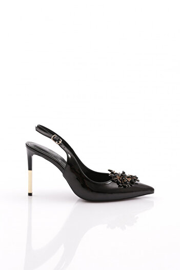 DGN Women's Open Back Metal Brooch Heeled Shoes Black Patent Leather 101233557