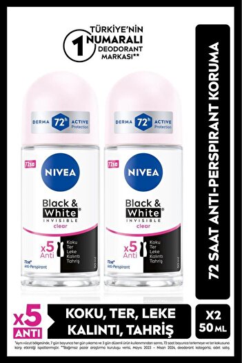 NIVEA Kadın Roll-on Deodorant Black&white Invisible Clear 50ml, 72 Saat Anti-perspirant, X2 Adet