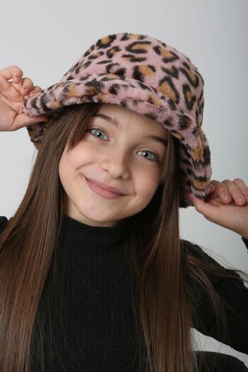 REMSA Pink Leopard Patterned Kids Plush Bucket Hat - Rkş-Ç-01