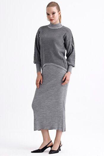 MD trend Women's Half Turtleneck Striped Asymmetrical Sweater and Ribbed Dress Double Knitwear Set