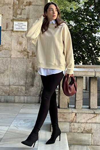 Madmext Beige Crew Neck Basic Sweatshirt Mg2185