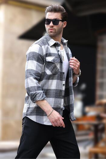 Madmext Gray Patterned Men's Fleece Shirt with Chest Pockets 6754