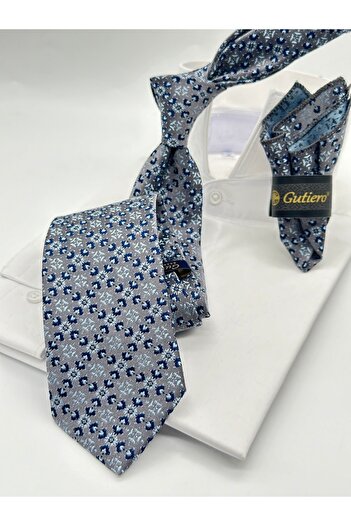 Gutiero Classic Necktie with Gray Patterned Handkerchief