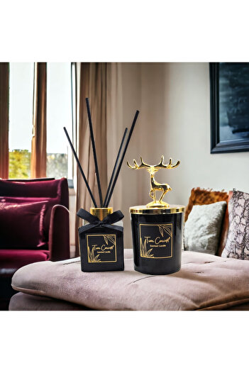 Tiem Concept Geyik Başlıklı Gold Detaylı 100 ml Çubuklu Oda Kokusu Ve Siyah Mum Seti