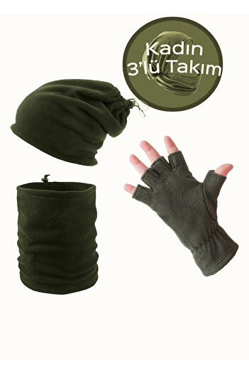 Mrey Khaki Women's Thermal Winter Fleece - Cut Finger and String Beanie Set (Piece of 3)