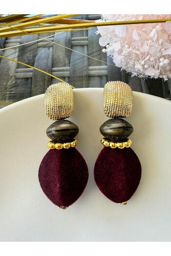 Pelin Aksesuar Burgundy Suede Ellipse Beaded Gold Design Earrings