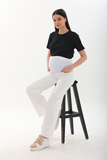 BIG LESSON Flexible and Adjustable Waist - Wide Leg Maternity Jeans White