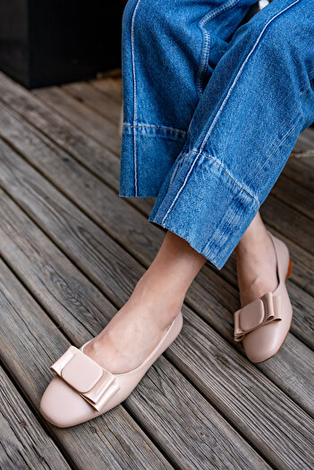 LAMİNTA Poro Nude Blunt Toe Square Bow Detailed Women's Ballerinas