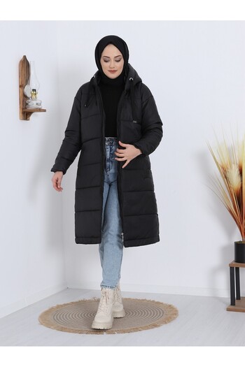 Modamorfo Fixed Hooded Long Coat with Bird Eye Detail - Black