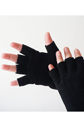 Mrey Black Winter Thermal Fleece - Cut Finger and Gloves Detailed Biker Helmet Inside - Beanie Set of 3
