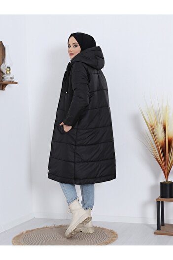 Modamorfo Fixed Hooded Long Coat with Bird Eye Detail - Black