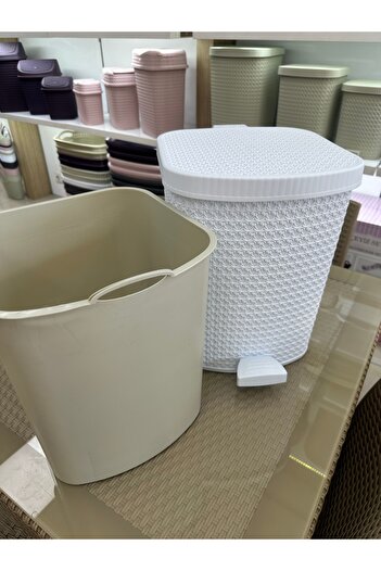 LeesHome Pedal White Knitted Inner Bucket Bathroom Kitchen Trash Can with Lid Pedal Trash Can 25 Liters