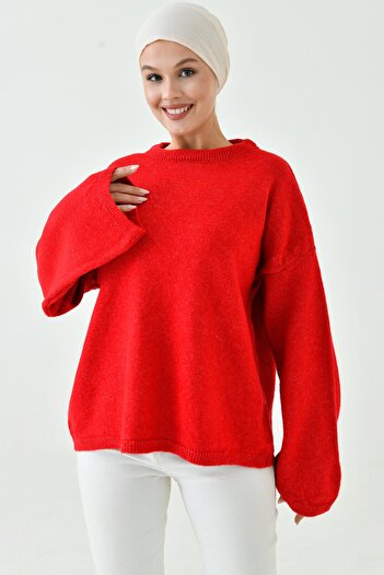 WOMAN VISION Women's Off Shoulder Spanish Sleeve Crew Neck Long Sleeve Red Oversize Knitwear Hijab Sweater 4091
