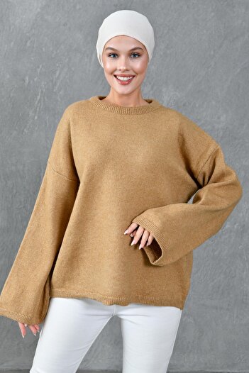 bayansepeti Wide Sleeve Off Shoulder Crew Neck Long Sleeve Camel Oversize Knitwear Hijab Sweater 4091