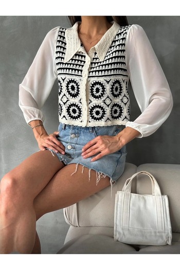 ubmbutik Women's Blouse - Sleeves Chiffon Openwork Short Black Cream Knitted Blouse