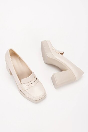 elvinshoes Women's Beige Plartfom Heel Laofer