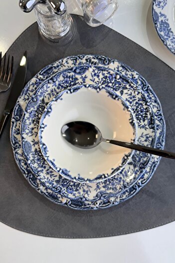 porselenden Vintage Blue 12 Parça 4 Kişilik Premium Porselen Yemek Takımı Mavi Çiçek Desenli