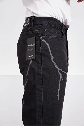 phantom jns by sekman Baggy Fit Şimşek/yıldırım Desenli Koyu Gri Kot Pantolon Denim Oversize Phantom Jeans Sokak Stili
