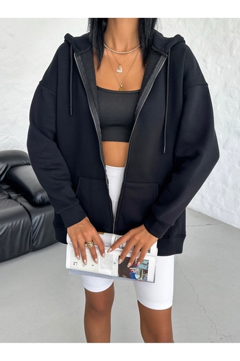 veres Black Kangaroo Pocket Hooded Oversize Sweat Cardigan - Raster