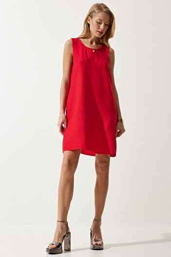 Lovelyİstanbul Red Linen Viscose Sleeveless Bell Dress - Ljh0001