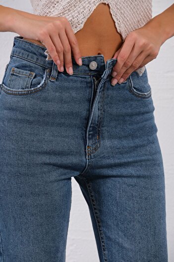 Maule Mavi Yüksek Bel, Esnek Skinny Denim Dar Kalıp Mom Jean Kadın Kot Pantolon @cremona