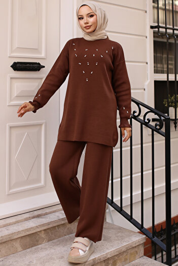 benguen 6077 Stone Detailed Knitwear Set Brown