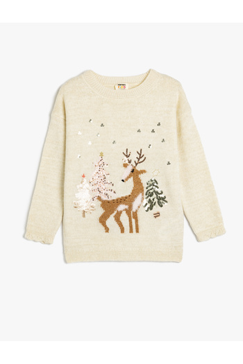Koton Übergroßer Strickpullover mit Hirsch-Stickerei, langärmelig, mit Pailletten und Pailletten