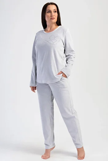 VİENETTA Women's Plus Size Velvet Long Sleeve Gray Pajamas Suit C6T8N0O304