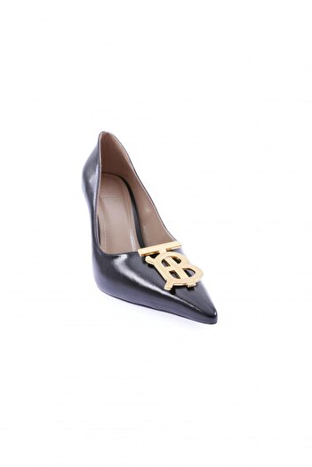 DGN Women's Pointed Toe t and B Letter Buckle Heeled Shoes Black Metallic 101663236