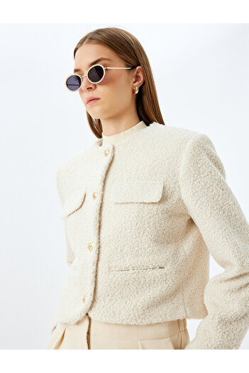 Koton Kragenlose Crop-Tweed-Blazerjacke mit Kappe und Taschendetail